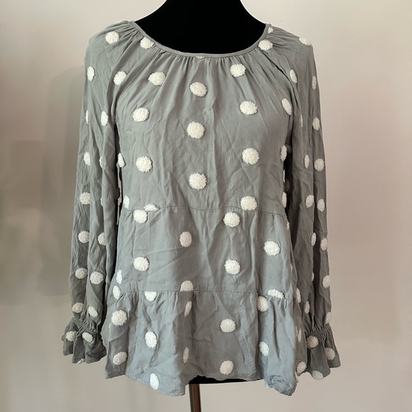Blu Pepper Tops - Blu Pepper Blue Gray Swiss Dot Front String Tie Long Sleeve Blouse Top Shirt